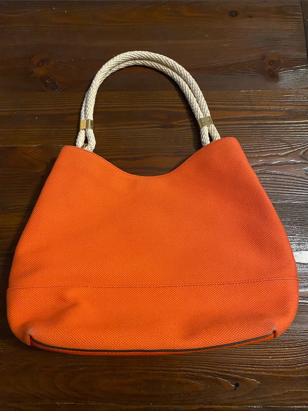 Michael Kors Coral Orange Rope Handle Tote Shoulder Bag Gold MK Medallion - Picture 2 of 15